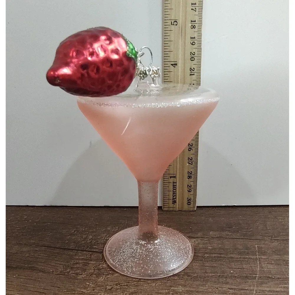 Pink Glittery Clear Frosted Glass Martini Ornament Strawberry Garnish A10